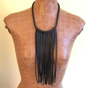 NEW! Black Leather Fringed Neckwear, Original Hand Made FREE Gift Bracelet